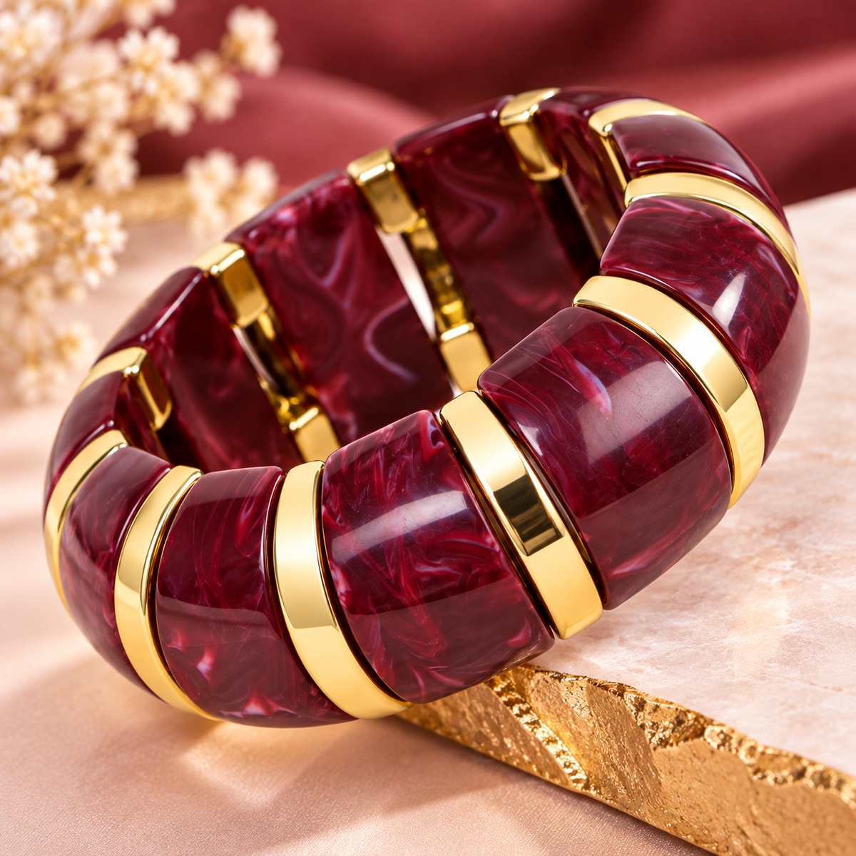 Bracelet manchette épais effet marbré – Finitions dorées