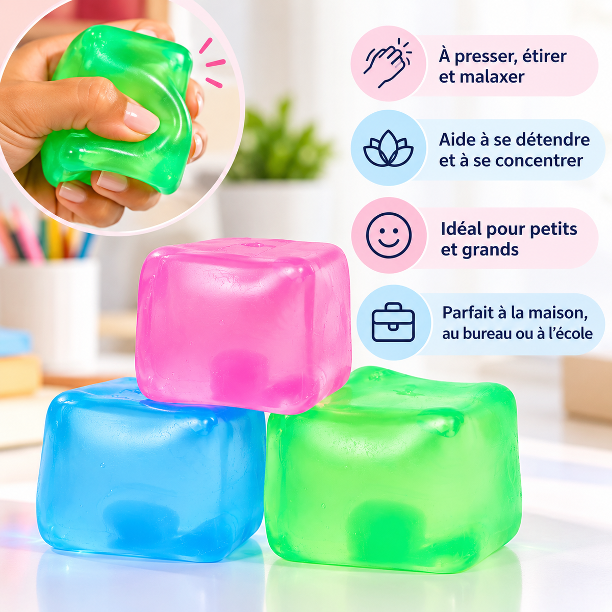 Cube anti-stress malléable – 6,5 cm