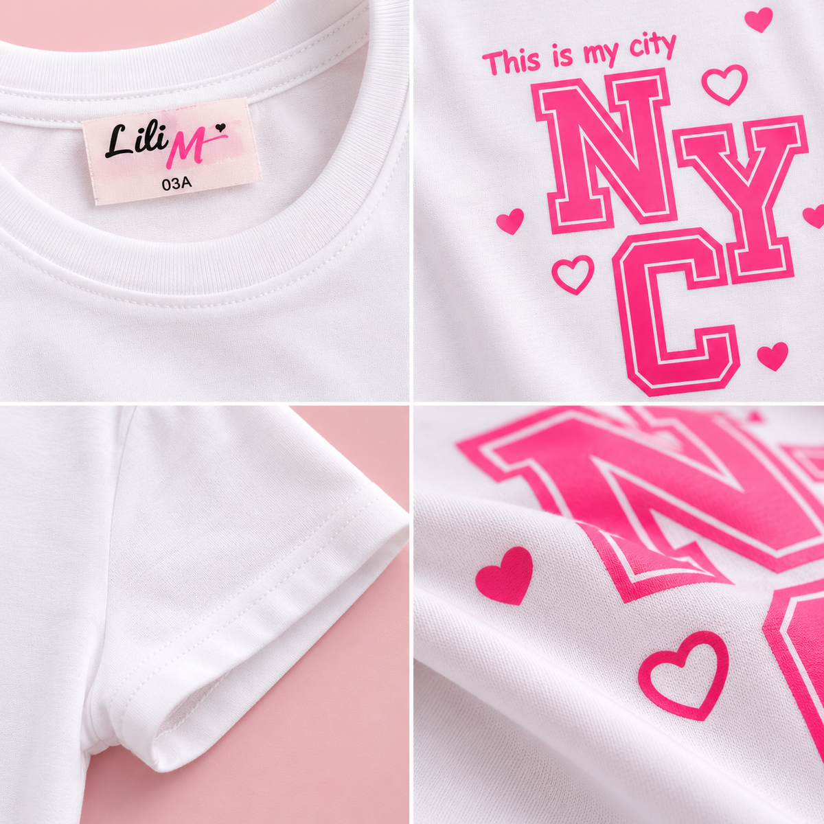 T-shirt fille blanc NYC rose – Du 3 au 12 ans