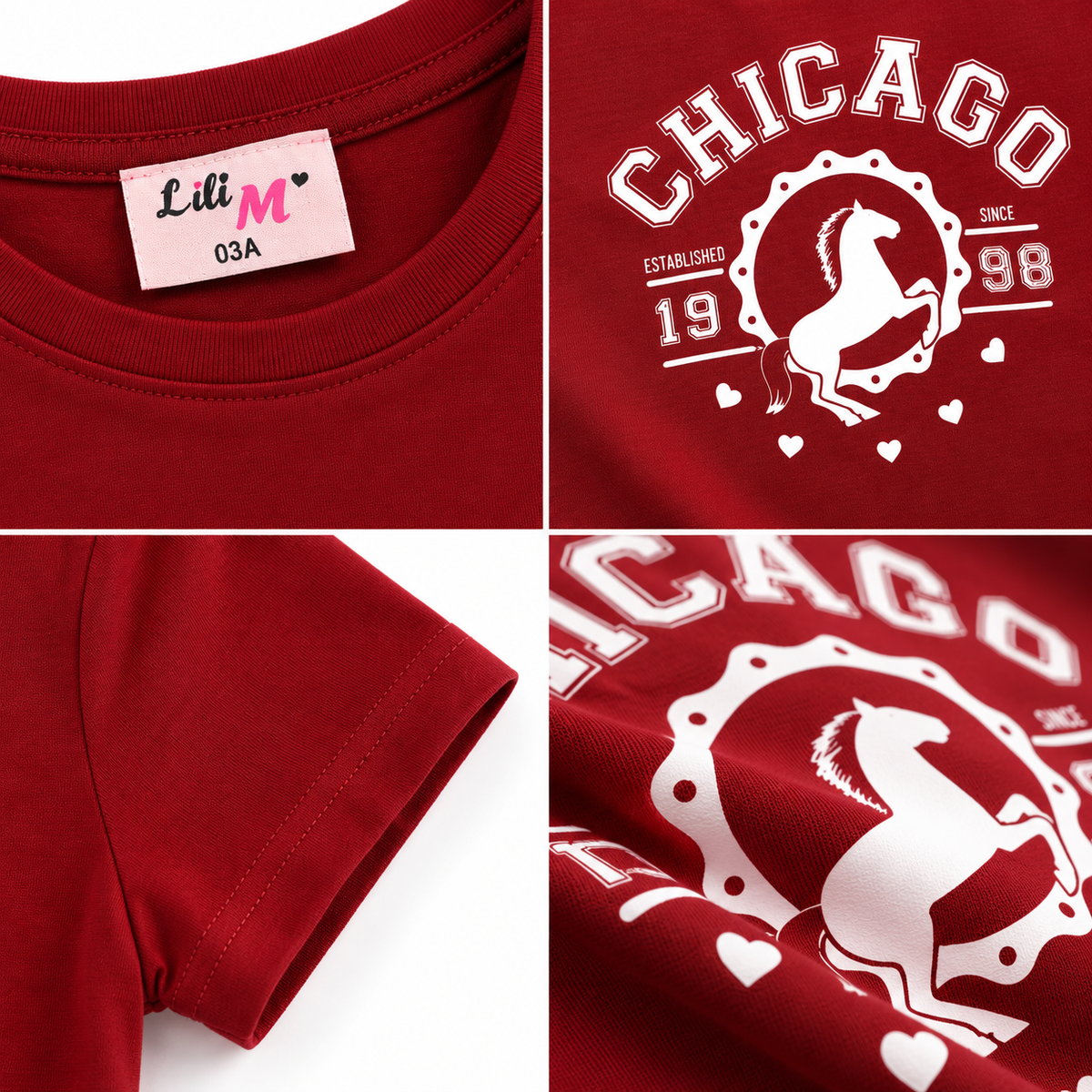 T-shirt fille bordeaux CHICAGO – Du 3 au 12 ans