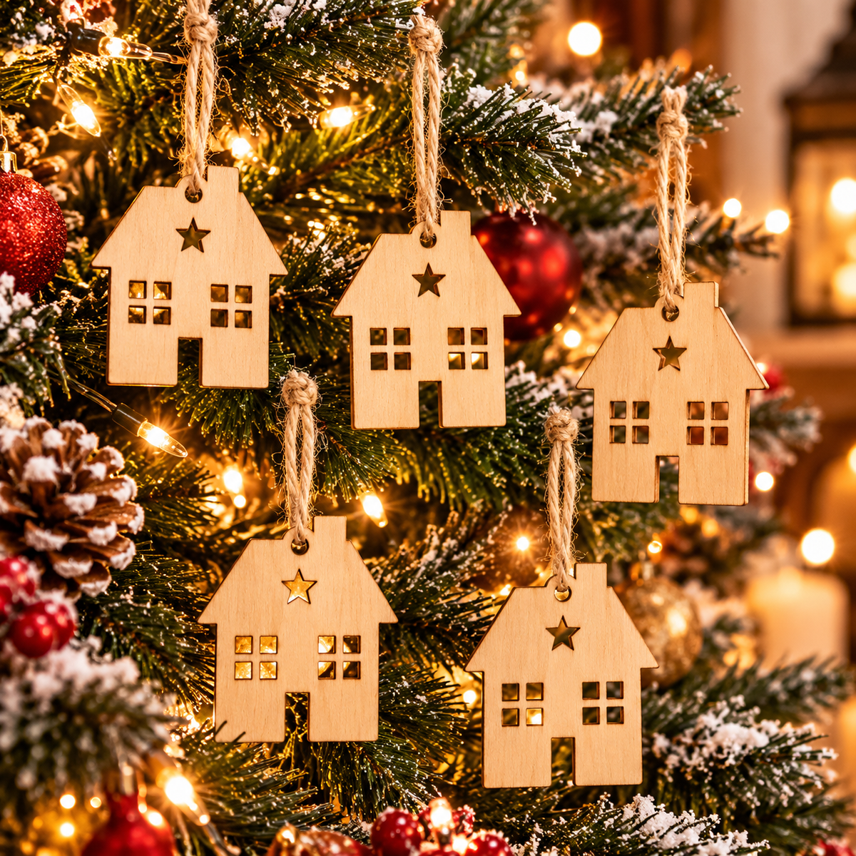 Suspensions de Noël en bois – Lot de 5 petites maisons