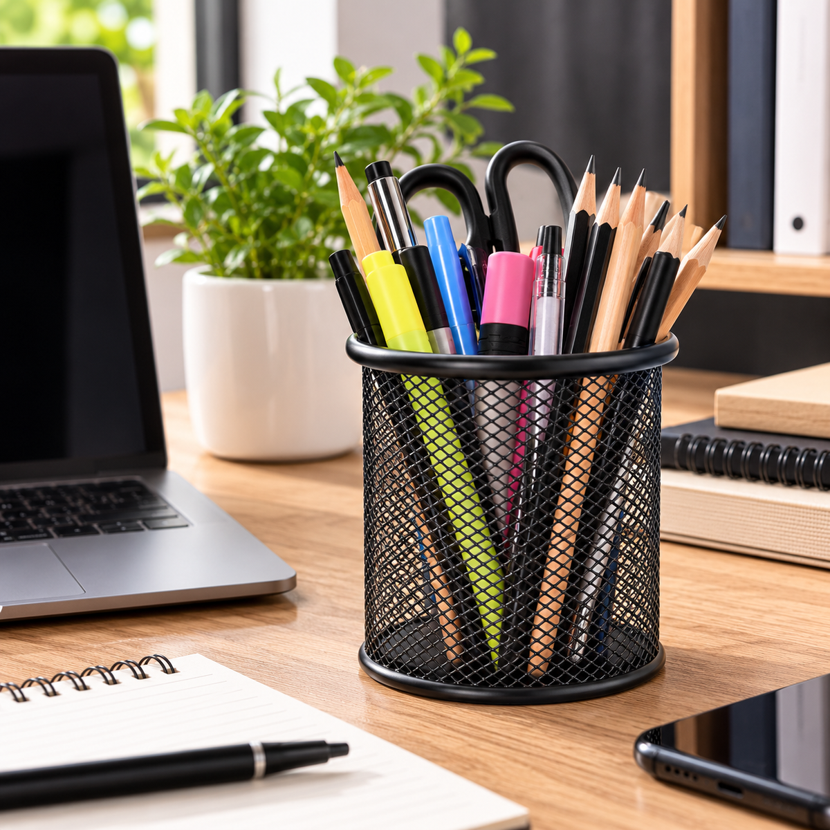 Pot à crayons en métal noir – Organisateur de bureau