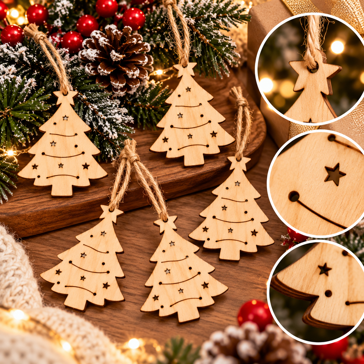 Lot de 5 suspensions de Noël en bois – sapin naturels