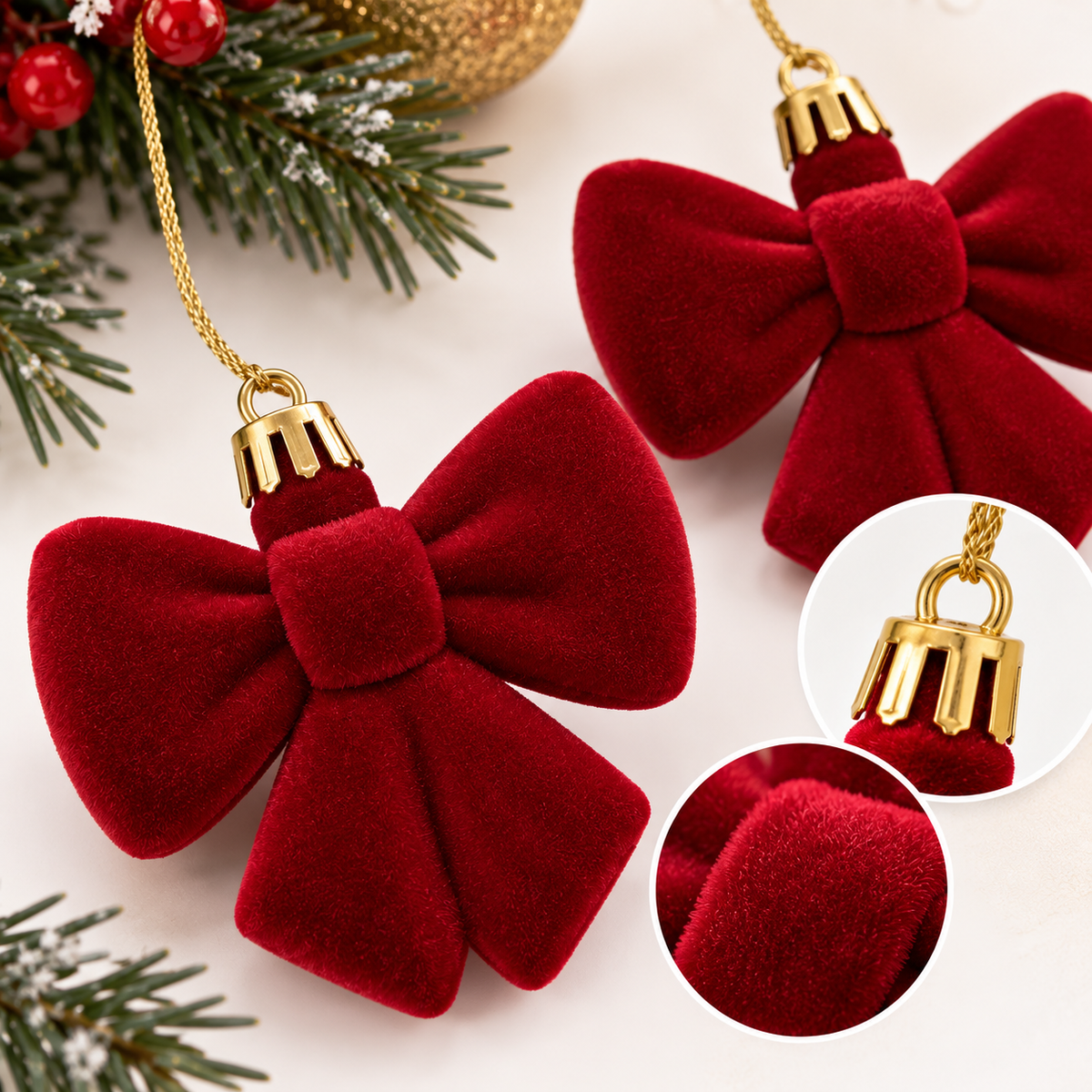 Lot de 2 suspensions de Noël nœuds rouges en velours – 6 cm