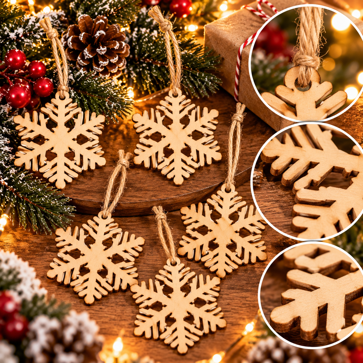 Lot de 5 suspensions de Noël en bois – Flocons de neige