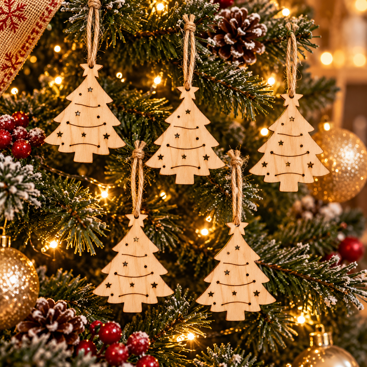 Lot de 5 suspensions de Noël en bois – sapin naturels