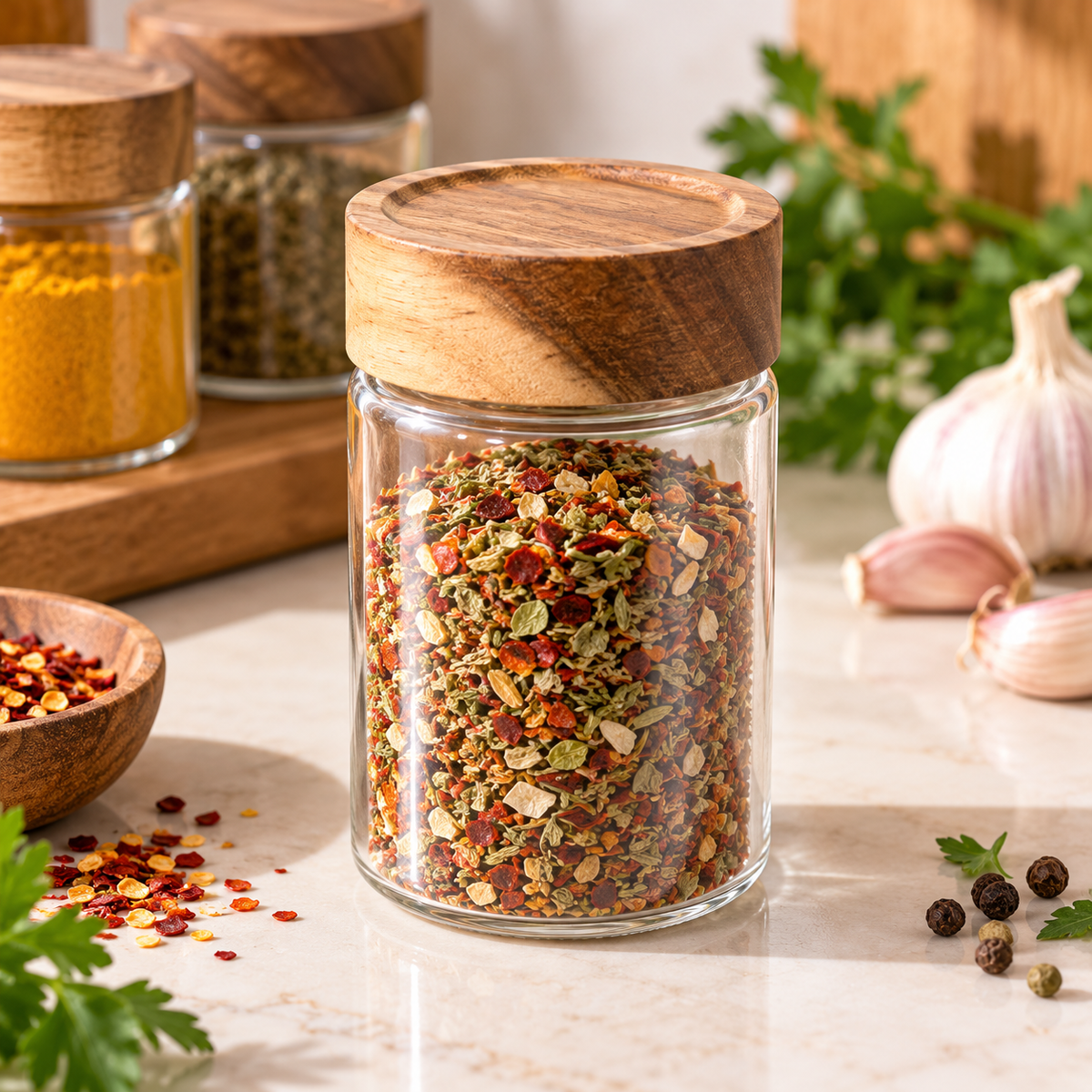 Bocal à épices en verre 245 ml – Couvercle en bois d’acacia