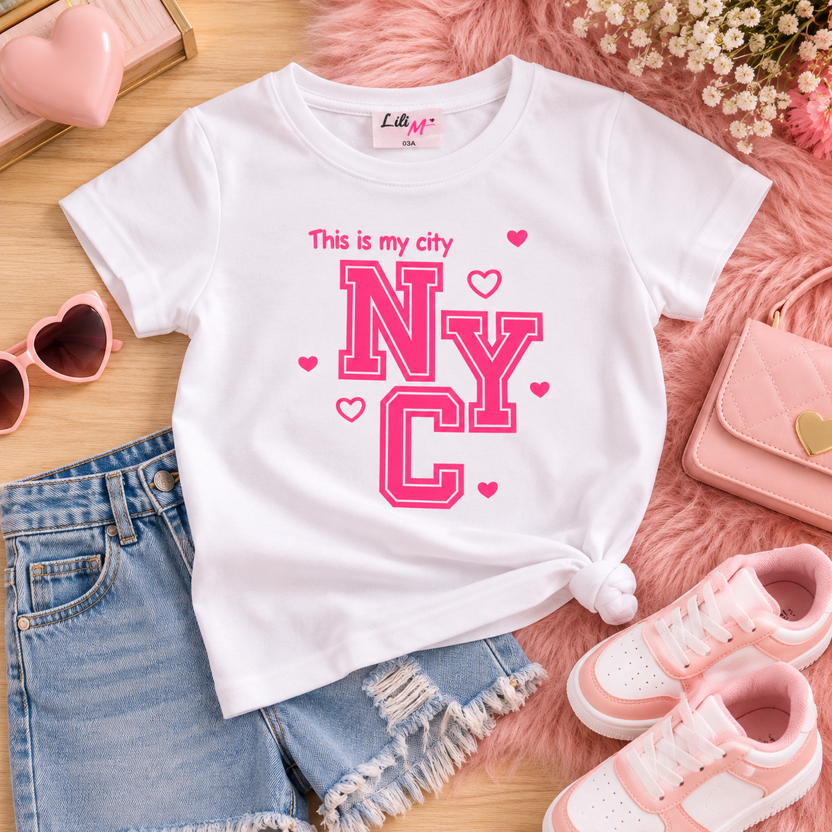 T-shirt fille blanc NYC rose – Du 3 au 12 ans