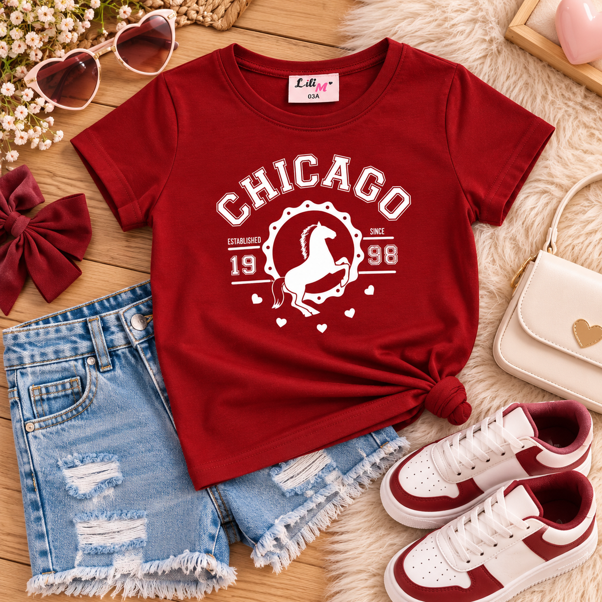 T-shirt fille bordeaux CHICAGO – Du 3 au 12 ans