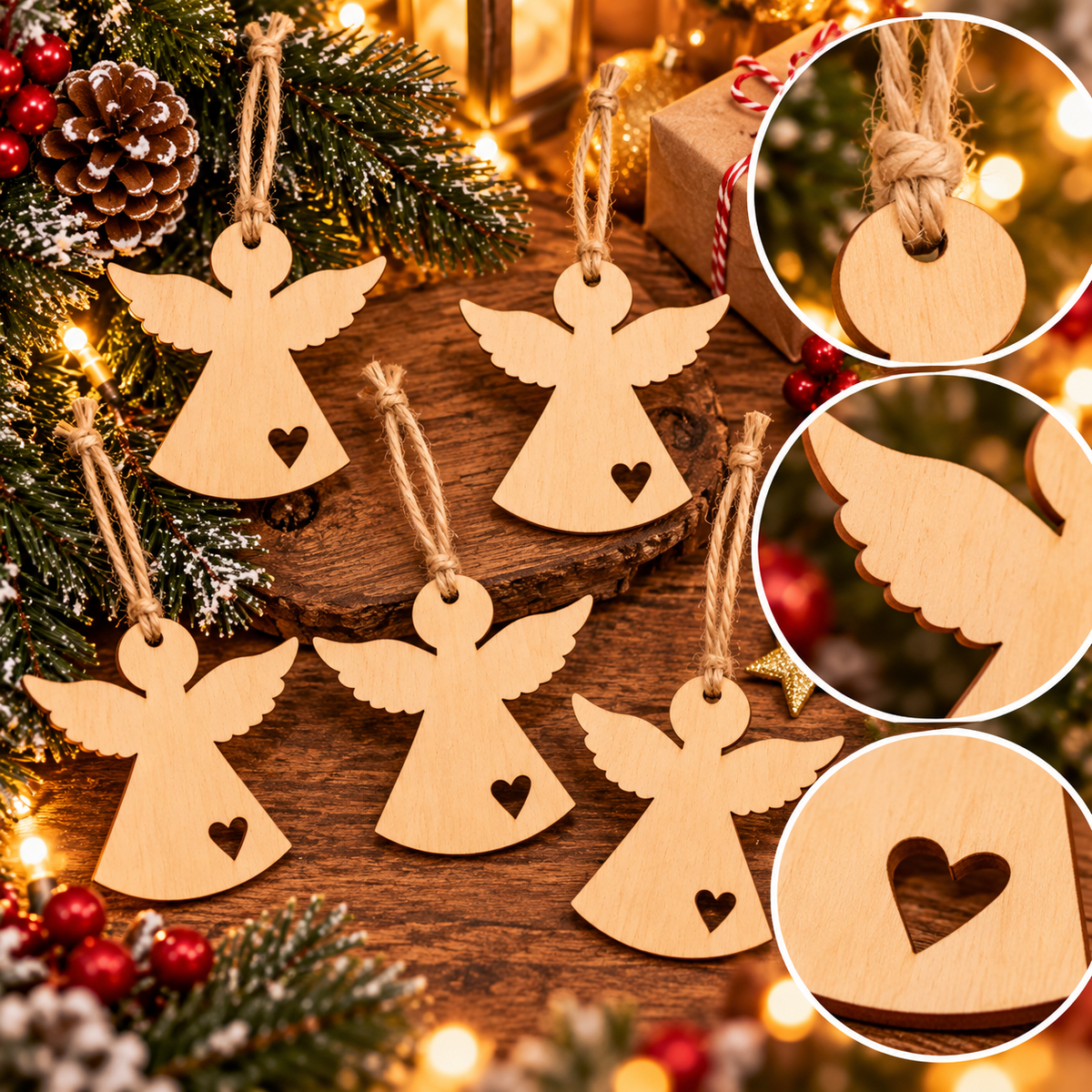 Lot de 5 suspensions de Noël en bois – Anges