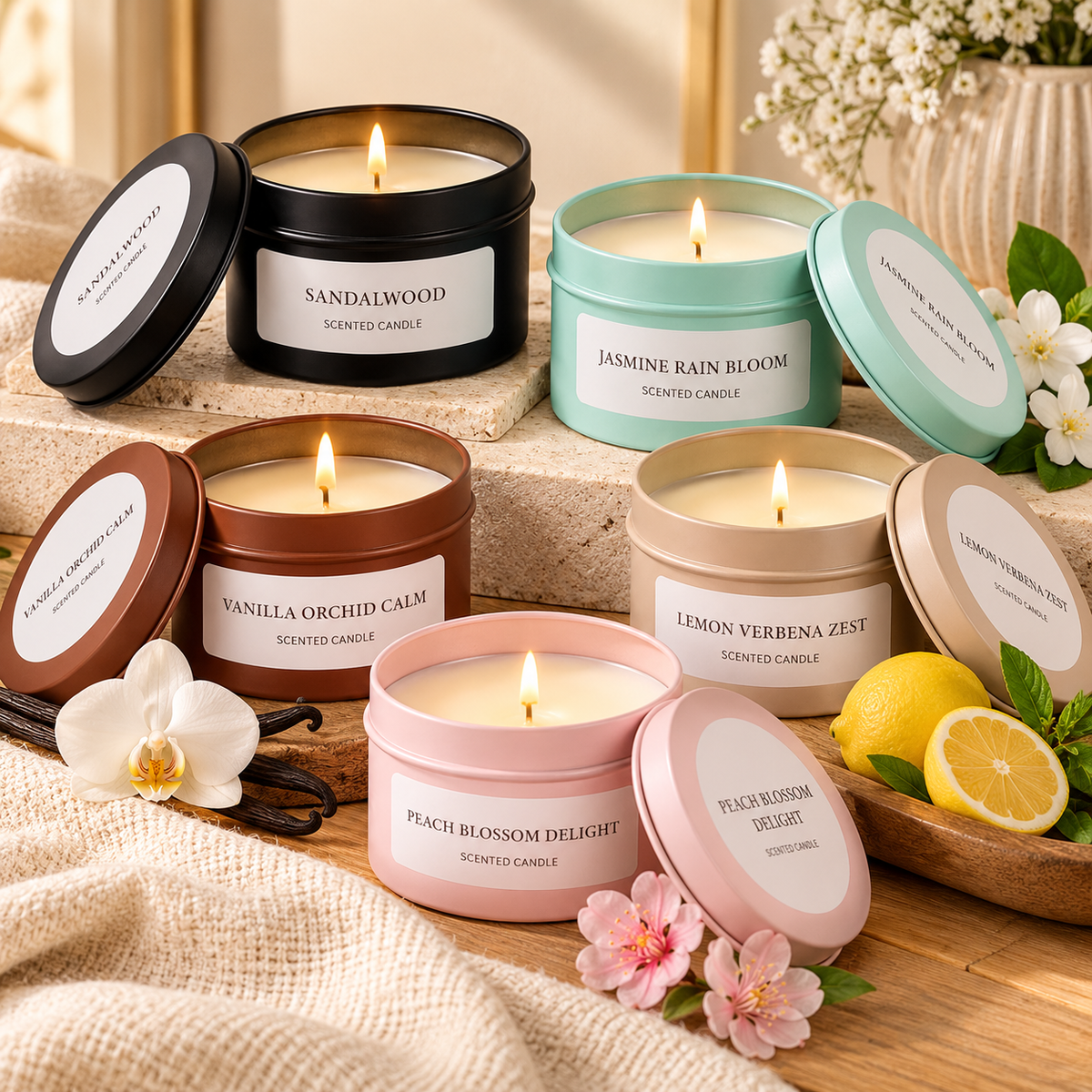 Bougie parfumée en boîte métallique – 5 senteurs
