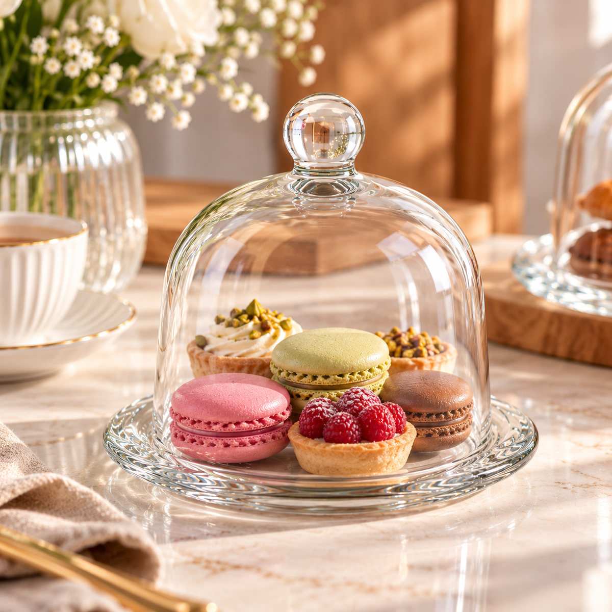Cloche en verre avec plateau – Présentation de desserts