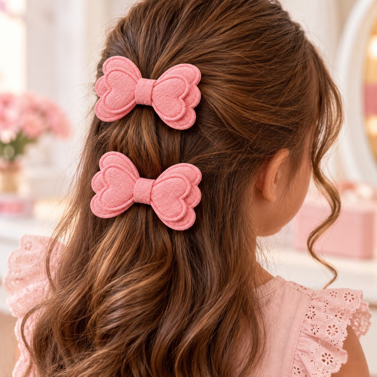 Lot de 2 barrettes cheveux à nœud rose – Clips en tissu