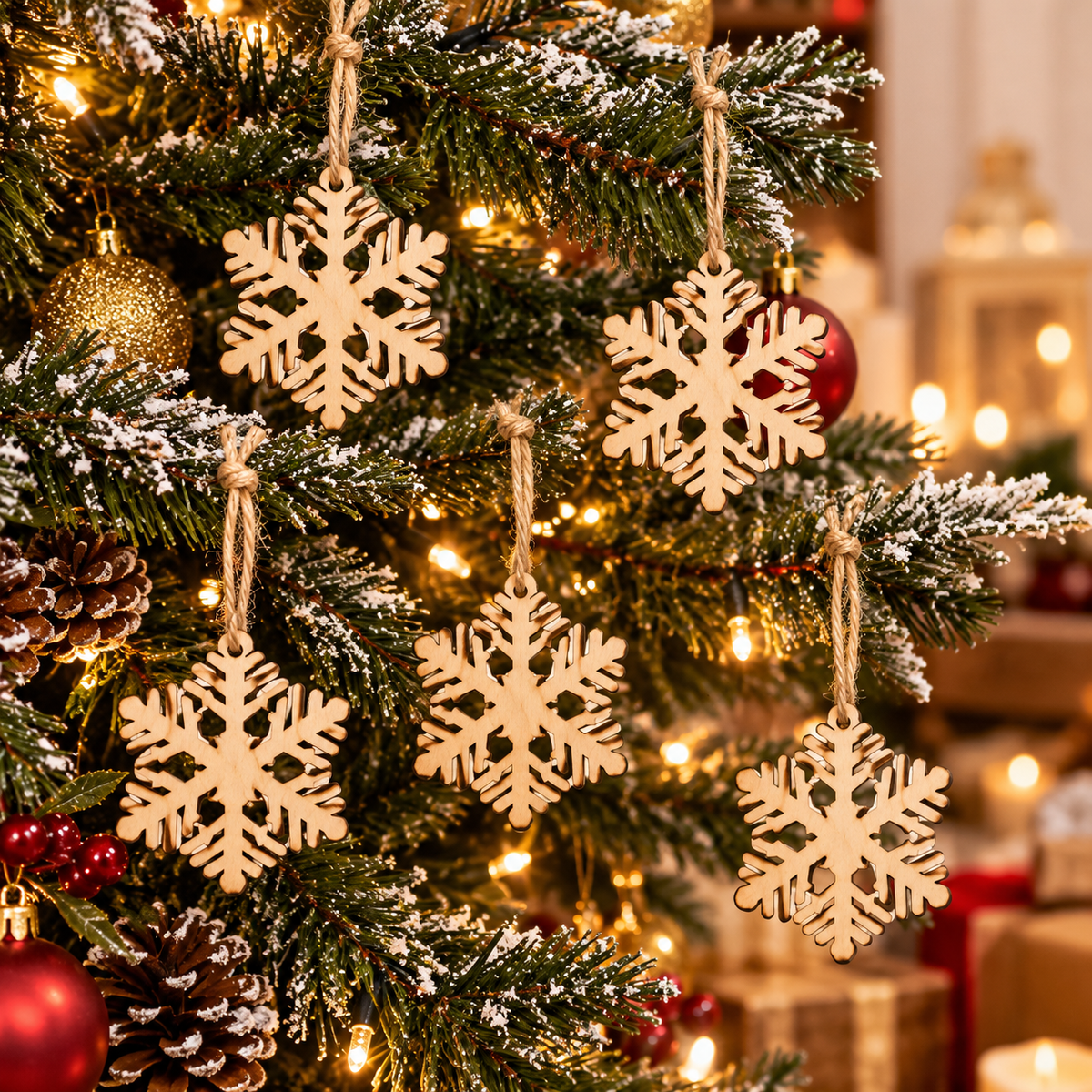 Lot de 5 suspensions de Noël en bois – Flocons de neige