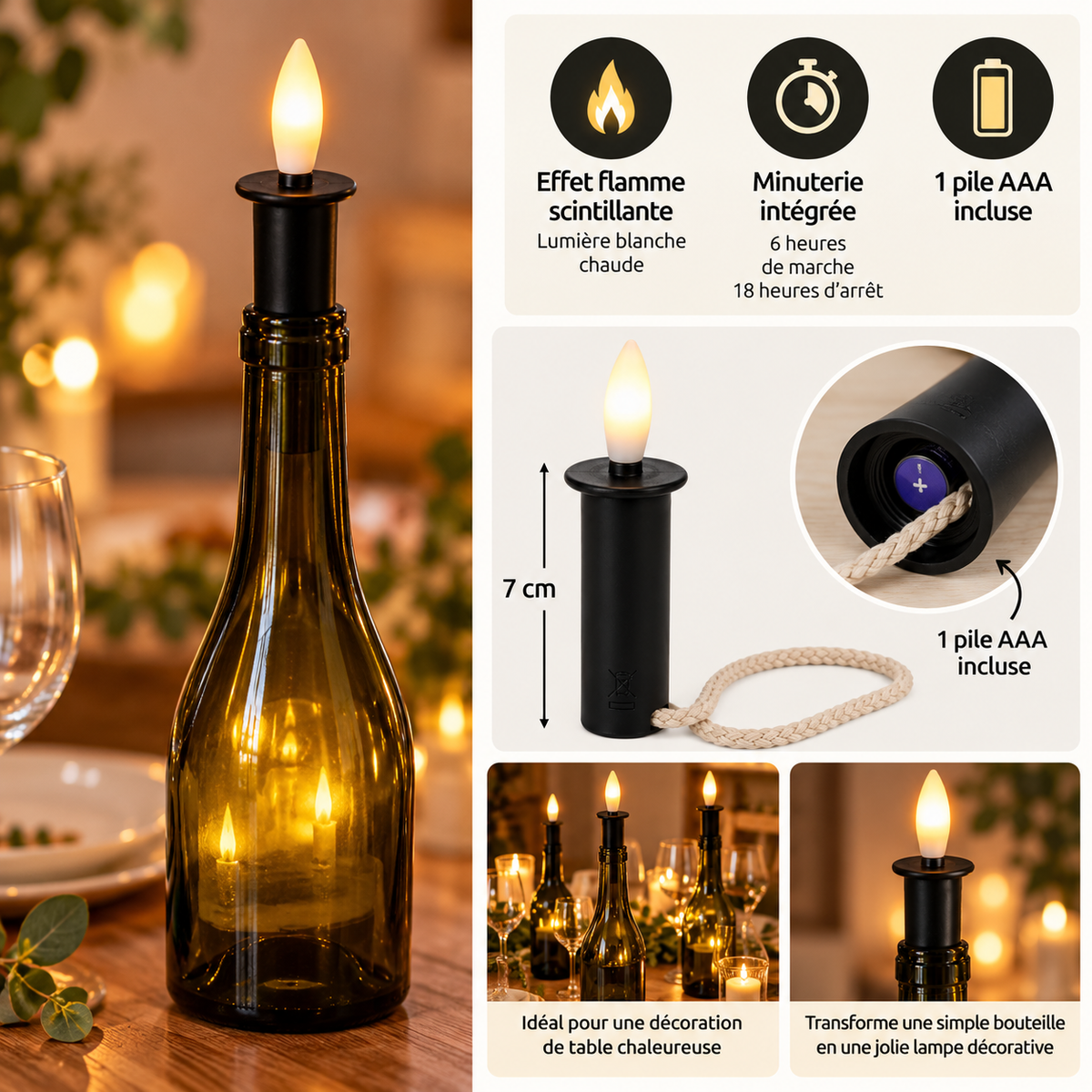 Bougie LED effet flamme pour bouteille – Lumière chaude