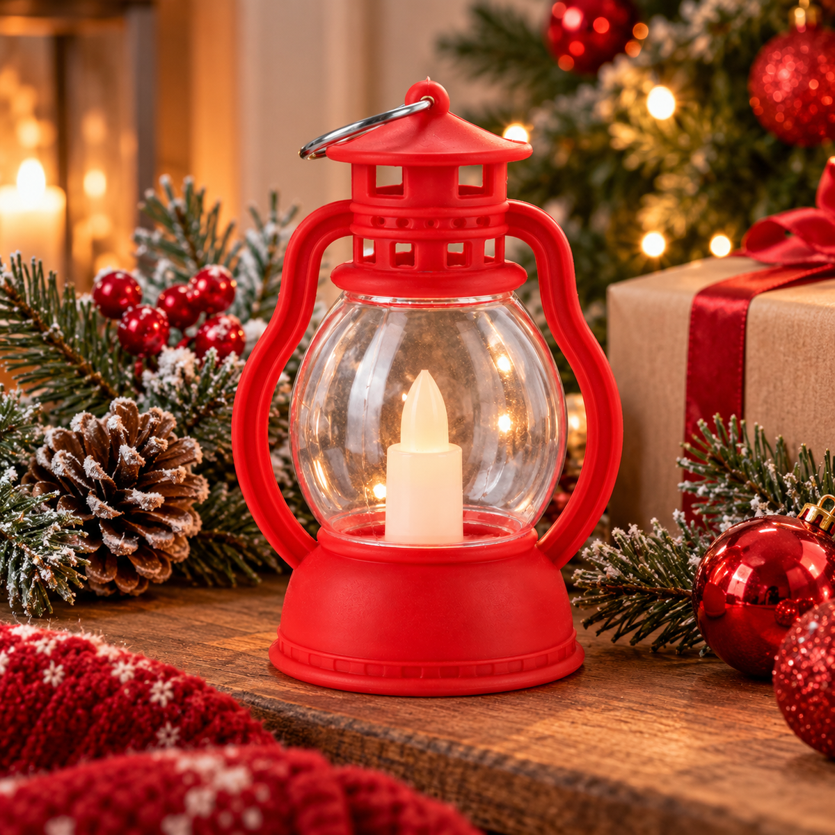 Lanterne de Noël rouge avec fausse bougie – Décoration festive