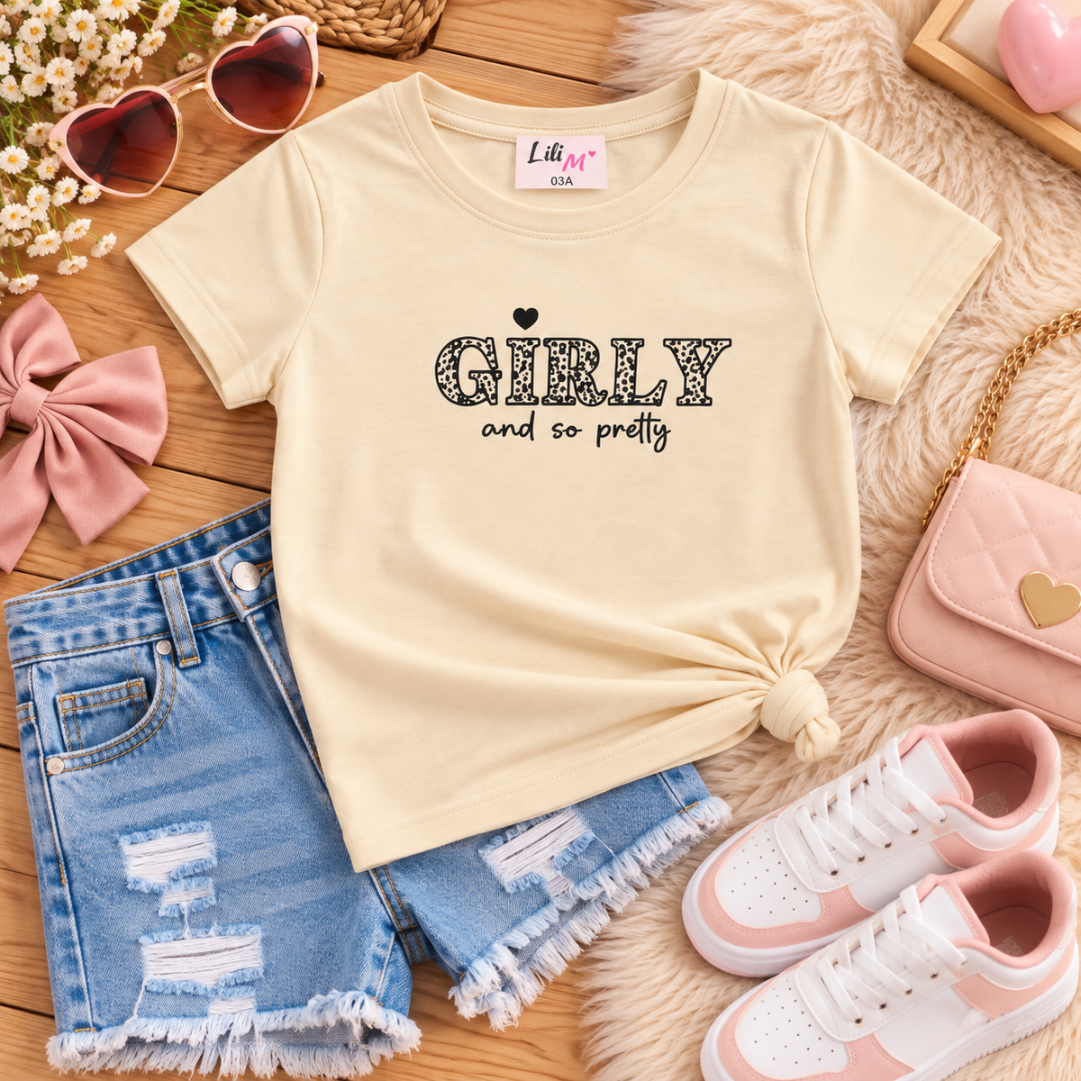 T-shirt fille beige GIRLY – Du 3 au 12 ans