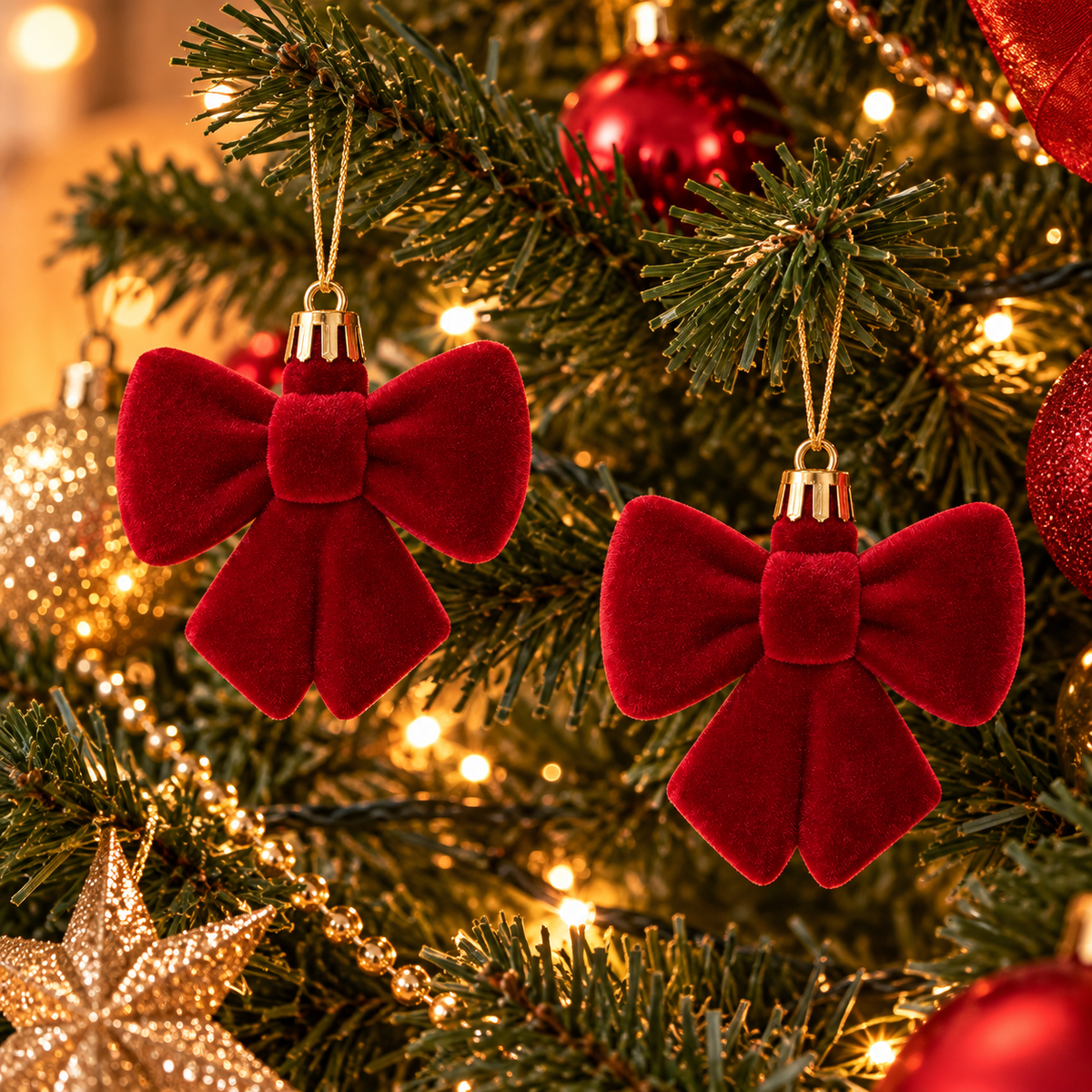 Lot de 2 suspensions de Noël nœuds rouges en velours – 6 cm
