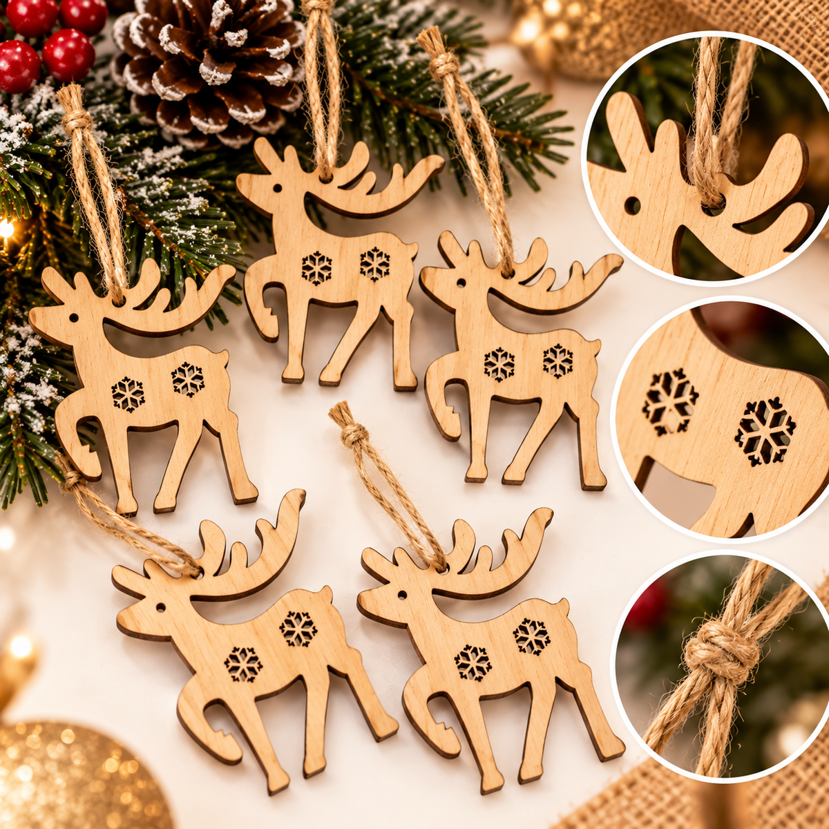 Lot de 5 suspensions de Noël en bois – Rennes naturels