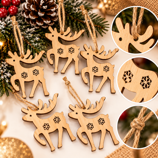 Lot de 5 suspensions de Noël en bois – Rennes naturels