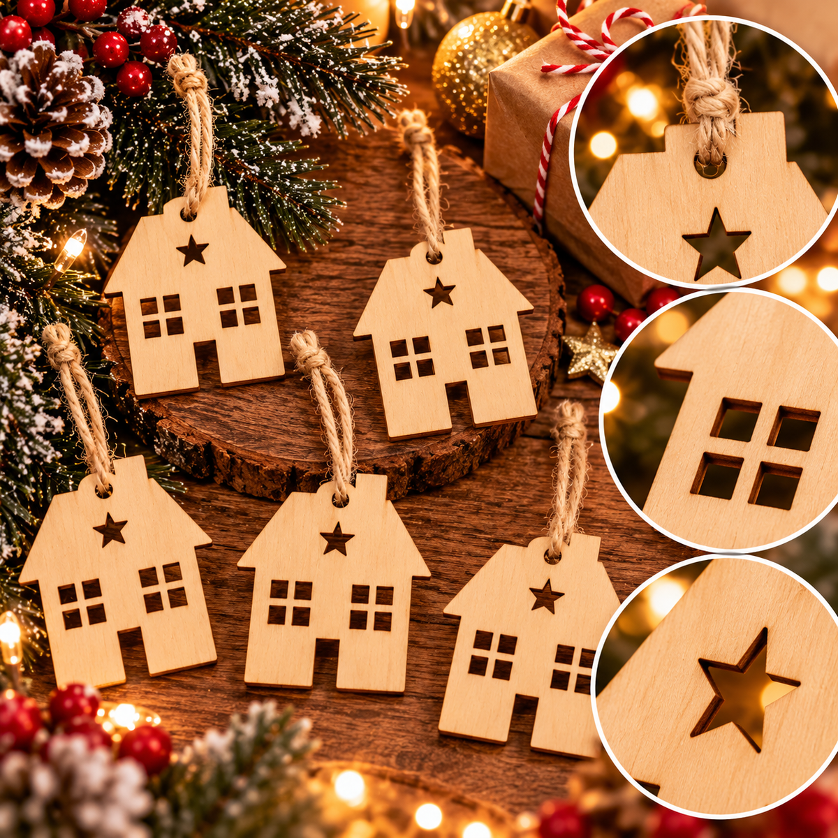 Suspensions de Noël en bois – Lot de 5 petites maisons