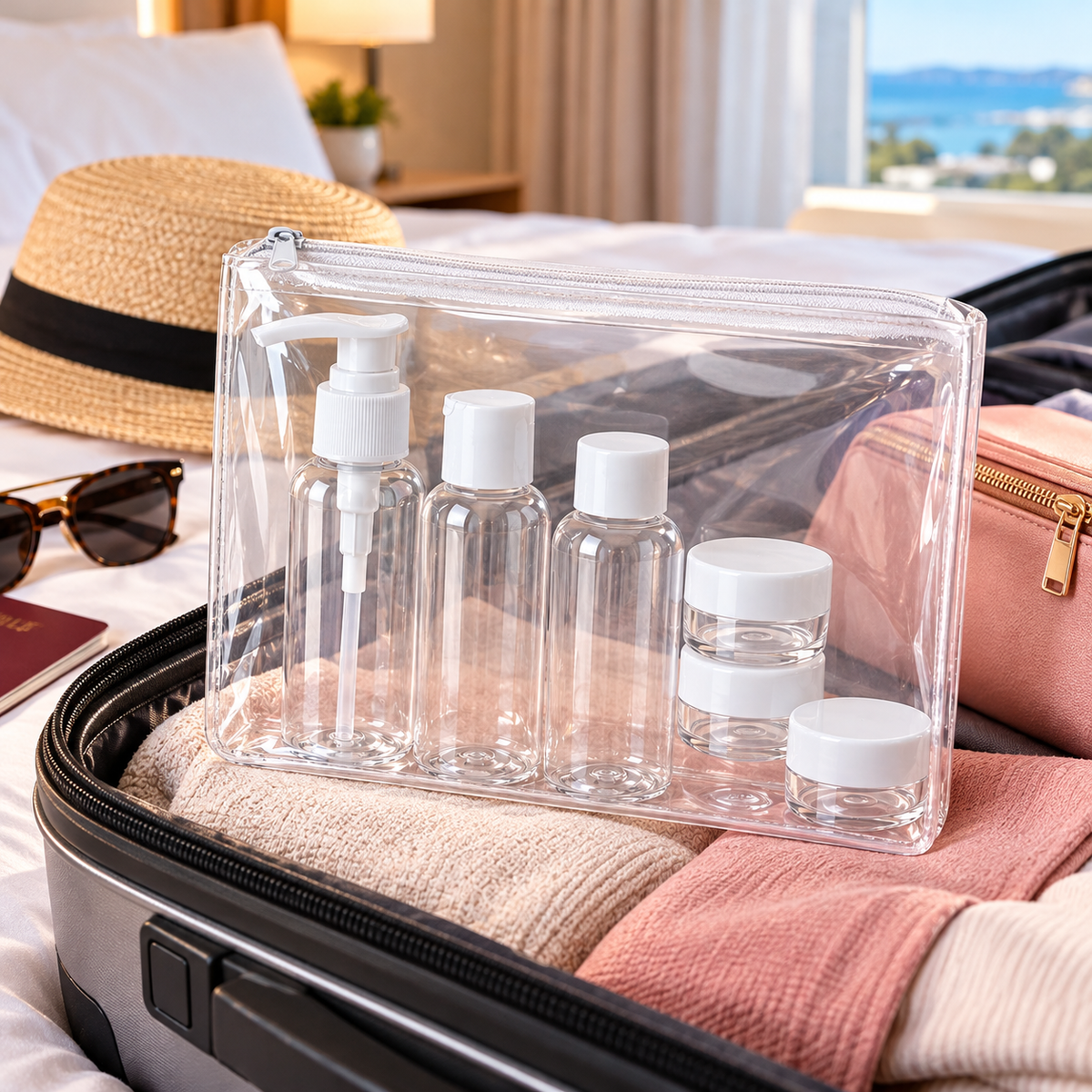 Kit de voyage 7 pièces avec flacons rechargeables
