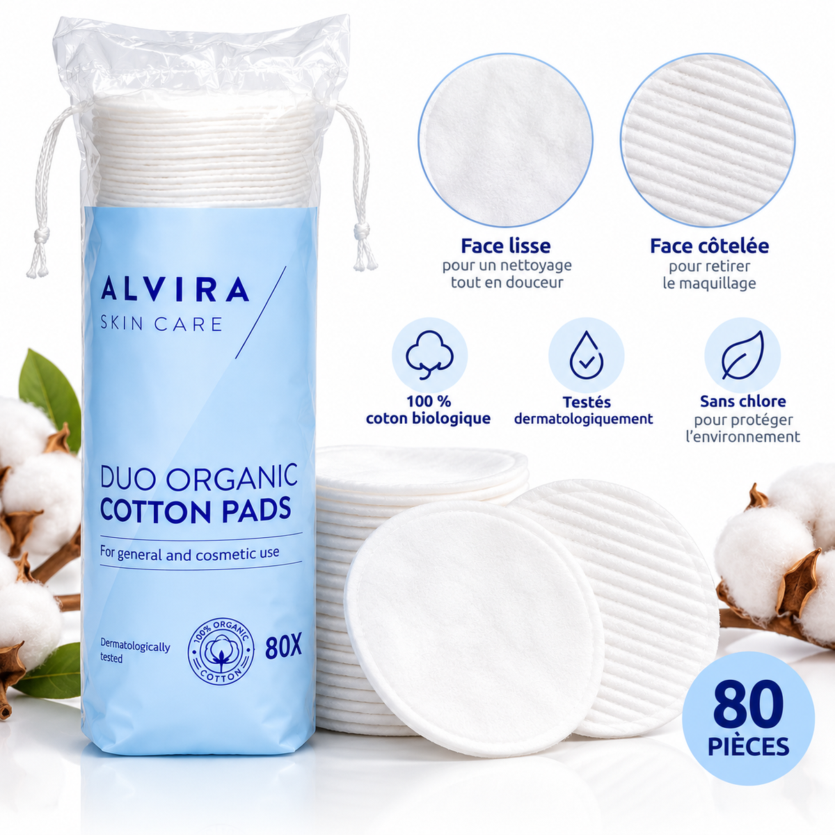 Disques de coton bio Alvira – 80 pièces
