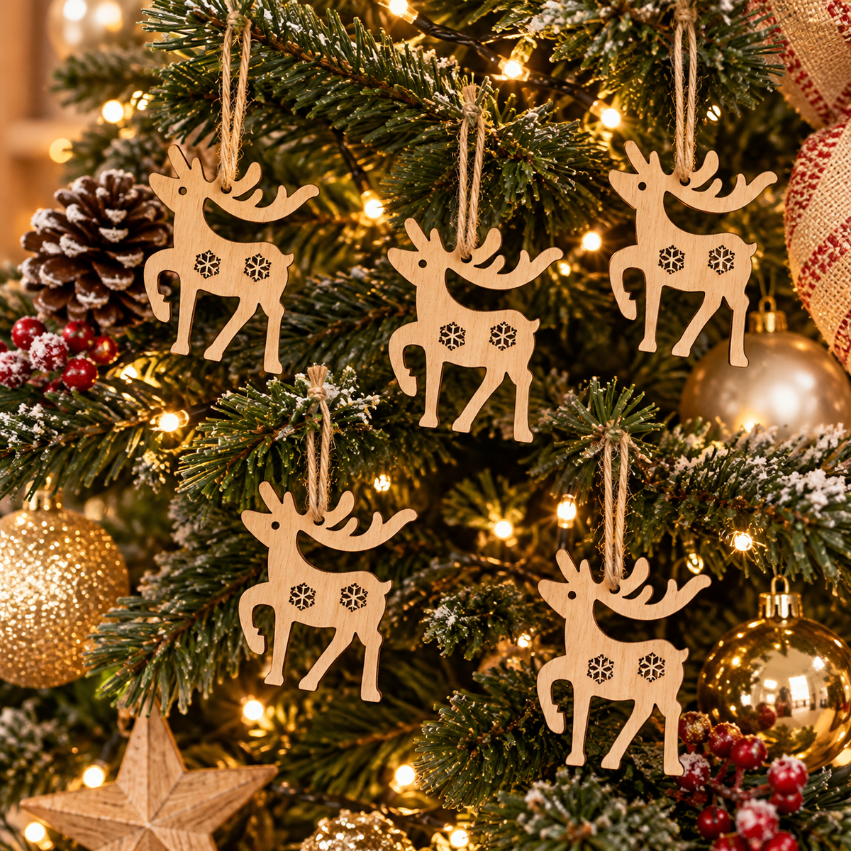 Lot de 5 suspensions de Noël en bois – Rennes naturels