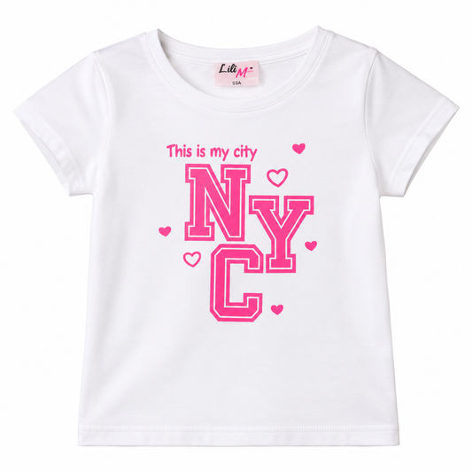T-shirt fille blanc NYC rose – Du 3 au 12 ans